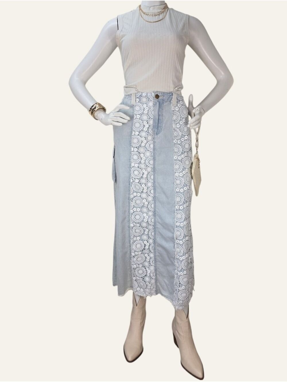 POL Lace Patchwork Denim Midi Skirt Medium Coastal Cowgirl Western Boho Festival